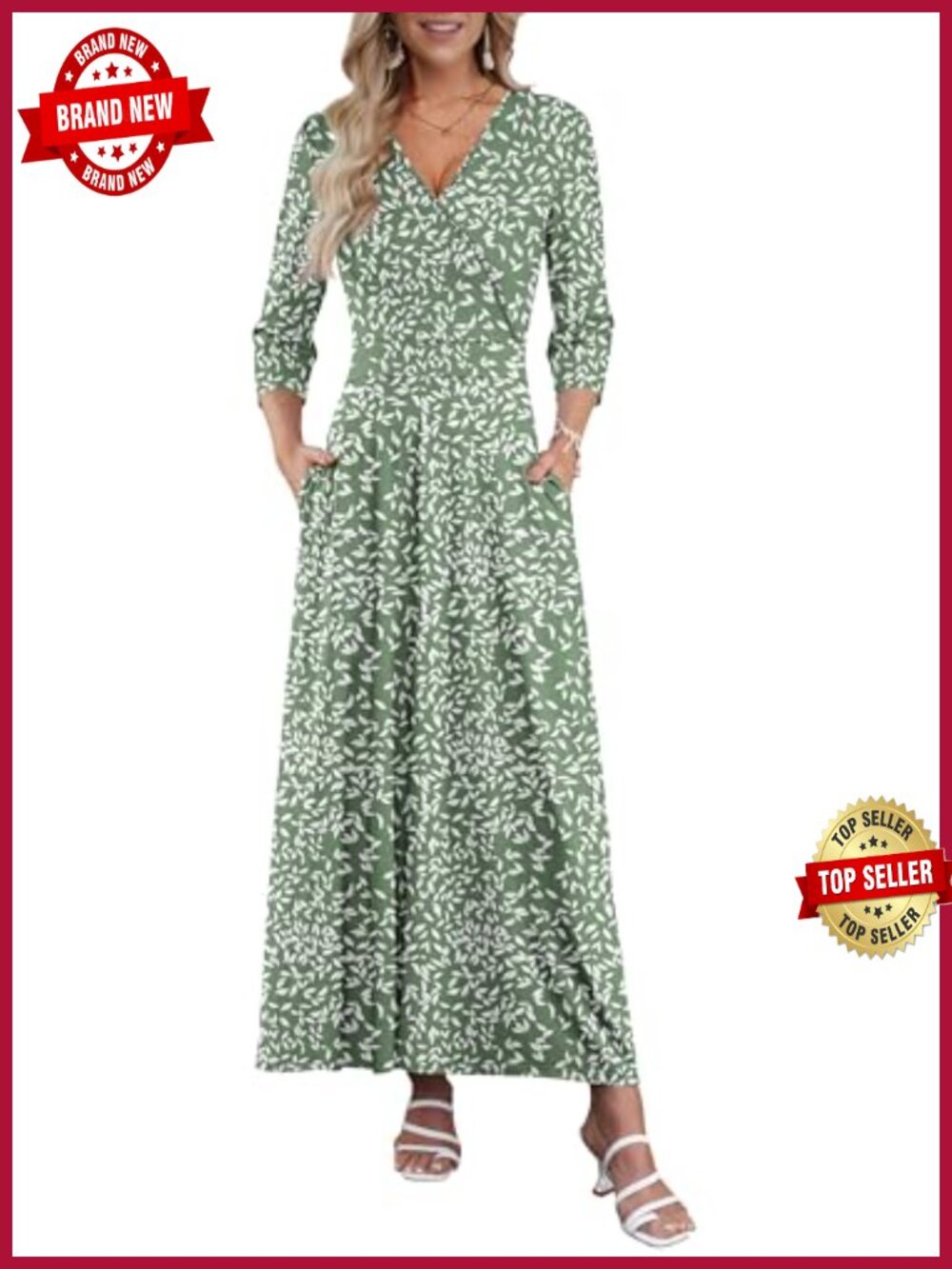 Women's 3/4 Sleeve V-Neck Wrap Maxi Dress with Pockets